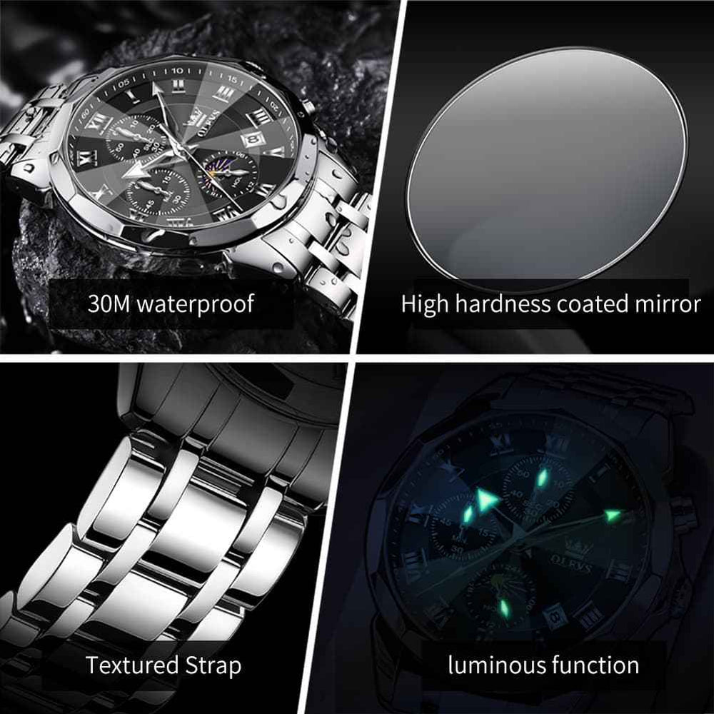 "The Commander" Chronograph Watch | 3D Diamond Cut Crystal & Moon Phase