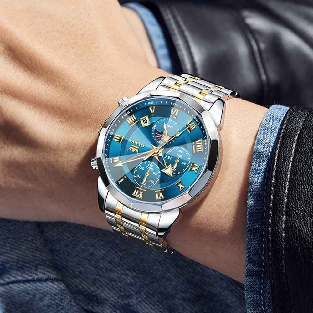 "The Commander" Chronograph Watch | 3D Diamond Cut Crystal & Moon Phase