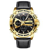 OLEVS 1110 Rugged Dual Display Leather Sport Watch for Men - Gold Black Watch | Olevs Watch Store