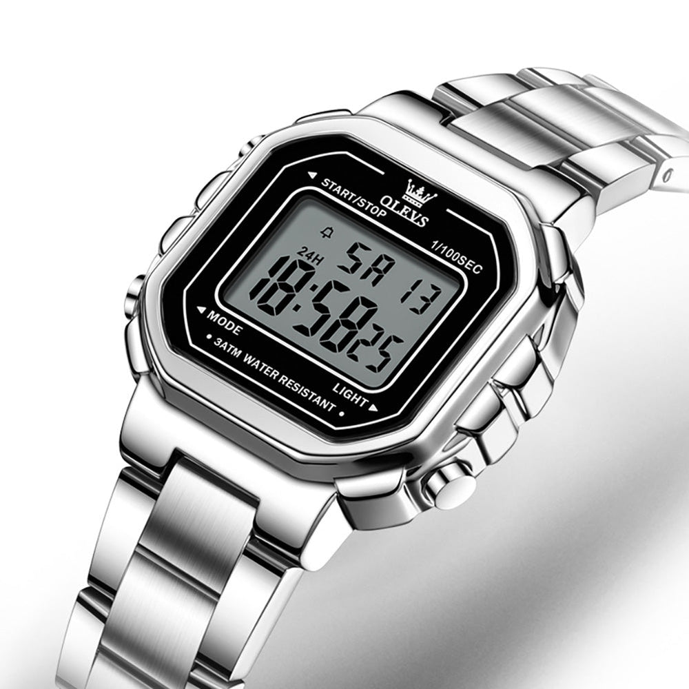 silver black square digital watch close up - OLEVS 1111