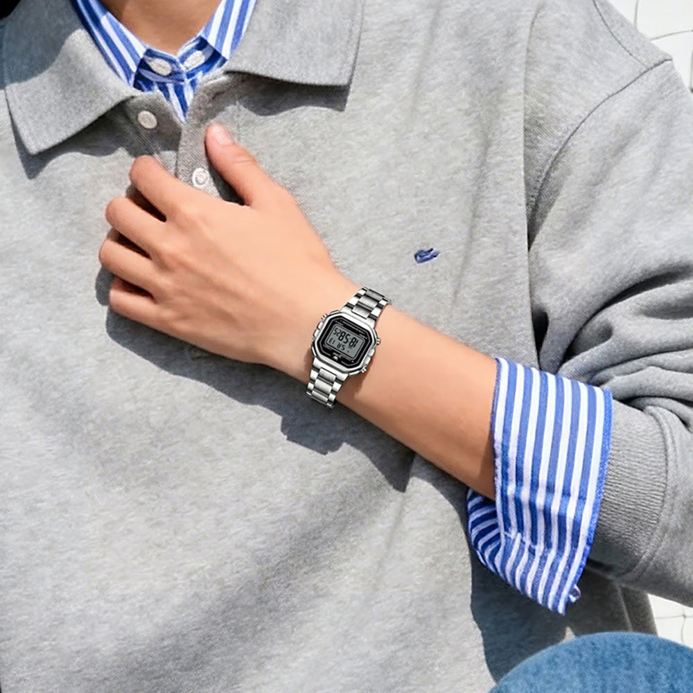 silver digital watch with casual outfit - OLEVS 1111