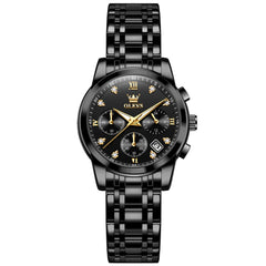 OLEVS 2858 Elegant Moon Phase Chronograph Watch for Women - All Black Watch | Olevs Watch Store