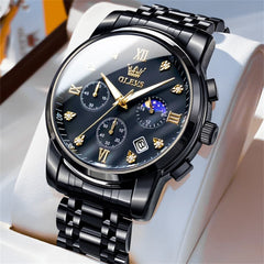 OLEVS 2858 Luxury Moon Phase Chronograph Watch for Men - All Black Gold Watch | Olevs Watch Store