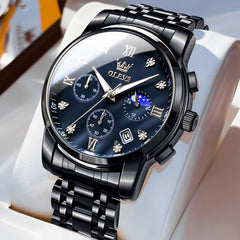 OLEVS 2858 Luxury Moon Phase Chronograph Watch for Men - All Black Gold Watch | Olevs Watch Store