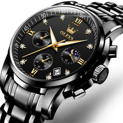 OLEVS 2858 Luxury Moon Phase Chronograph Watch for Men - All Black Gold Watch | Olevs Watch Store
