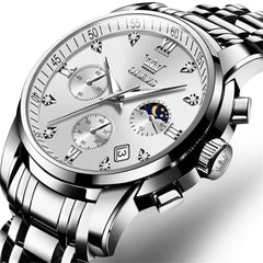 OLEVS 2858 Luxury Moon Phase Chronograph Watch for Men - Silver White Watch | Olevs Watch Store