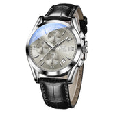 OLEVS 2872 Sophisticated Chronograph Leather Watch for Men - Black Silver Grey Watch | Olevs Watch Store