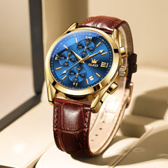 OLEVS 2872 Sophisticated Chronograph Leather Watch for Men - Brown Rose Coffee Watch | Olevs Watch Store