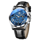 OLEVS 2876 Luxury Moon Phase Chronograph Leather Watch for Men - Black Silver Blue Watch | Olevs Watch Store