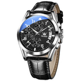 OLEVS 2878 Classic Pilot Chronograph Leather Watch for Men - Silver Black Watch | Olevs Watch Store