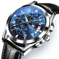 OLEVS 2878 Classic Pilot Chronograph Leather Watch for Men - Silver Blue Watch | Olevs Watch Store