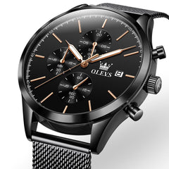 OLEVS 2881 Minimalist Milanese Chronograph Watch for Men - Rose Black Watch | Olevs Watch Store