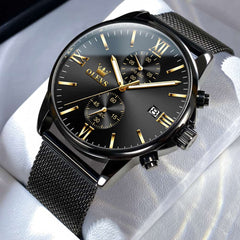 OLEVS 2886 Classic Chronograph Quartz Watch for Men - All Black Mesh Watch | Olevs Watch Store