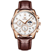 OLEVS 2888 Leather Chronograph Moon Phase Watch for Men - Rose Gold White Watch | Olevs Watch Store
