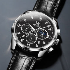 OLEVS 2888 Leather Chronograph Moon Phase Watch for Men - Silver Black Watch | Olevs Watch Store