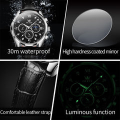 OLEVS 2888 Leather Chronograph Moon Phase Watch for Men - Silver Black Watch | Olevs Watch Store