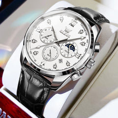 OLEVS 2888 Leather Chronograph Moon Phase Watch for Men - Silver Black Watch | Olevs Watch Store