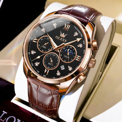OLEVS 2888 Leather Chronograph Moon Phase Watch for Men - Silver Black Watch | Olevs Watch Store