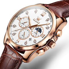 OLEVS 2888 Leather Chronograph Moon Phase Watch for Men - Silver Black Watch | Olevs Watch Store
