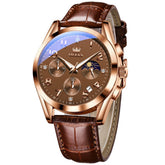 OLEVS 2890 Leather Chronograph Moon Phase Watch for Men - Rose Gold Coffee Watch | Olevs Watch Store