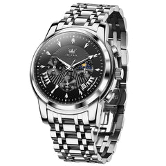 OLEVS 2892 Steel Chronograph Quartz Watch for Men - Silver Black Watch | Olevs Watch Store