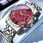 OLEVS 2892 Steel Chronograph Quartz Watch for Men - Silver Red Watch | Olevs Watch Store