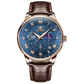 OLEVS 2893 Leather Pulsometer Moon Phase Watch for Men - Rose Gold Blue Watch | Olevs Watch Store