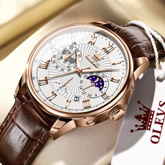OLEVS 2893 Leather Pulsometer Moon Phase Watch for Men - Silver White Watch | Olevs Watch Store