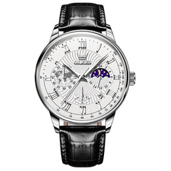 OLEVS 2893 Leather Pulsometer Moon Phase Watch for Men - Silver White Watch | Olevs Watch Store