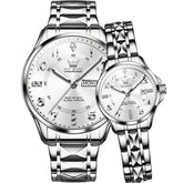 OLEVS 2910 Diamond Day Date Couples Watch Set Men Women - Silver White Watch | Olevs Watch Store