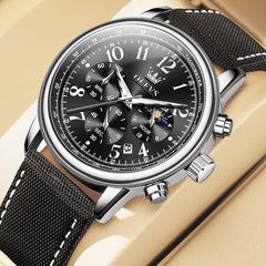 OLEVS 2912 Leather Chronograph Moon Phase Watch for Men - Silver Black Watch | Olevs Watch Store
