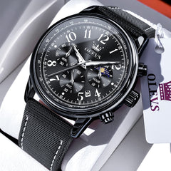 OLEVS 2912 Leather Chronograph Moon Phase Watch for Men - Silver Black Watch | Olevs Watch Store