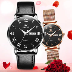 OLEVS 2920 Day Date Quartz Couples Watch Set Men Women - Black Leather & White Mesh Watch | Olevs Watch Store