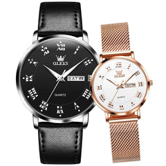 OLEVS 2920 Day Date Quartz Couples Watch Set Men Women - Black Leather & White Mesh Watch | Olevs Watch Store
