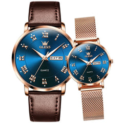 OLEVS 2920 Day Date Quartz Couples Watch Set Men Women - Blue Dial & Blue Mesh Watch | Olevs Watch Store