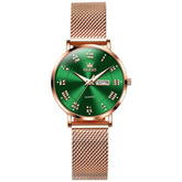 OLEVS 2920 Day Date Quartz Couples Watch Set Men Women - Rose Gold Green Watch | Olevs Watch Store