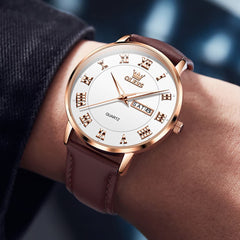 OLEVS 2920 Ultra Light Leather Day Date Quartz Watch for Men - Rose Gold White Watch | Olevs Watch Store