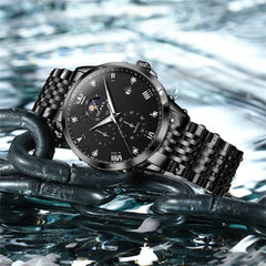OLEVS 2925 Luminous Moon Phase Quartz Watch for Men - All Black Watch | Olevs Watch Store
