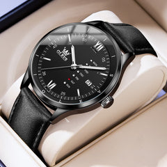 OLEVS 2931 Minimalist Leather Quartz Watch for Men - All Black Watch | Olevs Watch Store