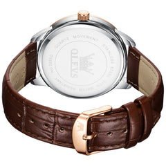Rose Gold Blue leather strap day date quartz watch - OLEVS 2935