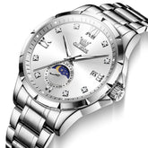 OLEVS 2956 Moon Phase Quartz Watch for Men - Silver White Watch | Olevs Watch Store