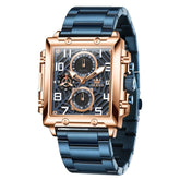 OLEVS 2958 Square Skeleton Chronograph Watch for Men - Blue Rose Gold Watch | Olevs Watch Store