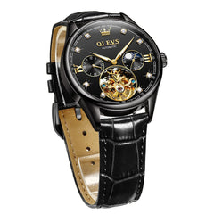 OLEVS 3601 Classic Open Heart Automatic Leather Watch for Men - All Black Watch | Olevs Watch Store