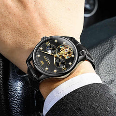 OLEVS 3601 Classic Open Heart Automatic Leather Watch for Men - All Black Watch | Olevs Watch Store