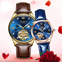 OLEVS 3601 Romantic Open Heart Automatic Couple Watch Set - His Gold Blue & Hers Starry Blue Watch | Olevs Watch Store