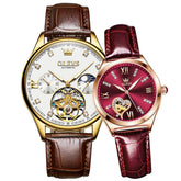 OLEVS 3601 Romantic Open Heart Automatic Couple Watch Set - His Gold White & Hers Burgundy Red Watch | Olevs Watch Store