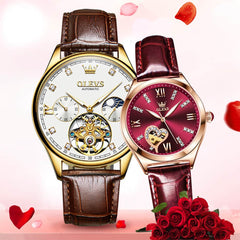 OLEVS 3601 Romantic Open Heart Automatic Couple Watch Set - His Gold Blue & Hers Starry Blue Watch | Olevs Watch Store