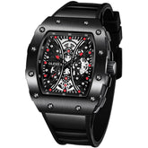 OLEVS 3602 Tonneau Skeleton Quartz Watch for Men - Black Red Watch | Olevs Watch Store