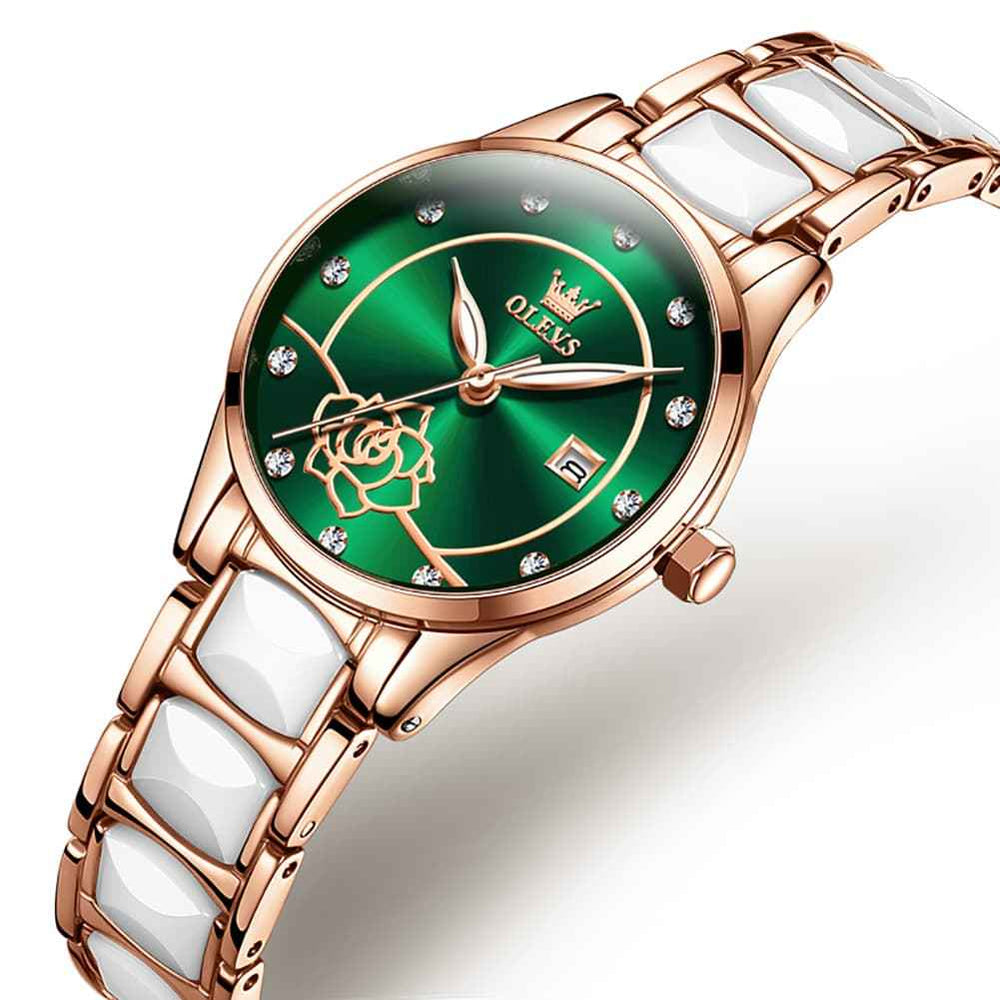 OLEVS 3606 – Women's Ceramic Rose Motif Quartz Watch