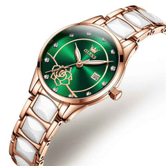 OLEVS 3606 – Women's Ceramic Rose Motif Quartz Watch